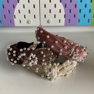 3 Pearl embellished headbands in pink, beige, and brown